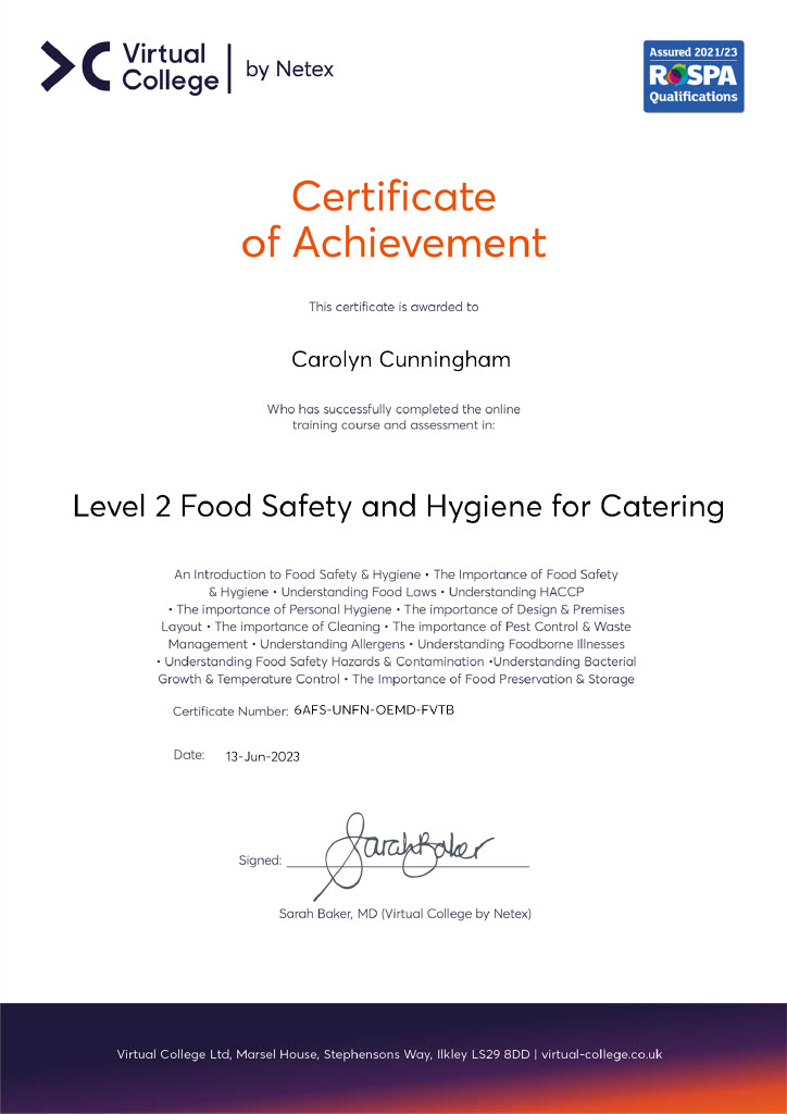 Hannah Hygiene Certificate